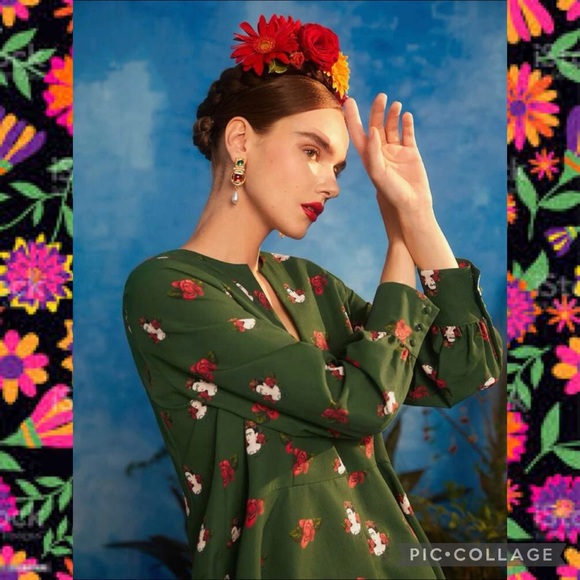 Frida Kahlo All Over Floral Print Lantern Sleeve High Low Dress - Picture 4 of 8